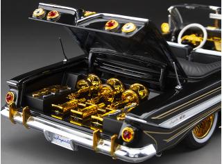 Chevrolet Impala open convertible Lowrider with movable suspension, black/chrome with small white wall tires SunStar Metallmodell 1:18